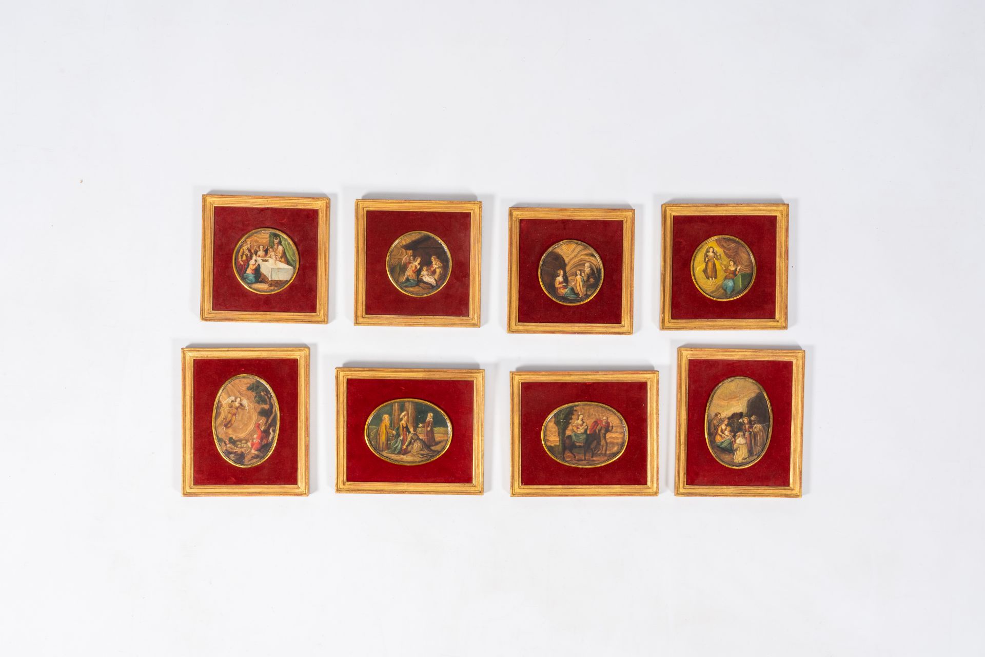 Italian school: Eight round and oval paintings depicting the life of Christ and Mary, oil on agate,