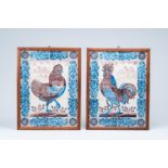 A pair of Dutch Delft tile murals with a rooster and a hen, 18th C.