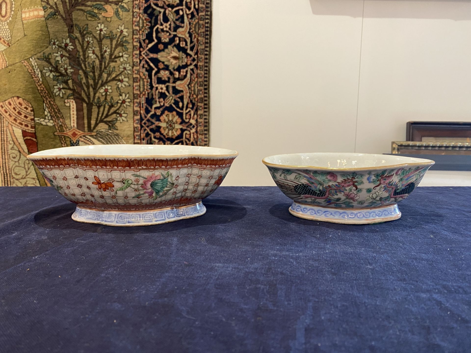 Two lobed Chinese famille rose bowls with phoenixes among blossoming branches and floral design, 19t - Image 9 of 16