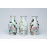 Three Chinese famille rose and qianjiang cai vases with birds among blossoming branches and figures
