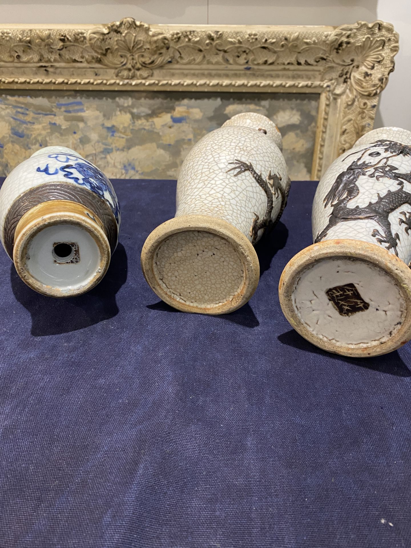 A pair of Chinese Nanking crackle glazed relief decorated 'dragon' vases and a blue and white 'Buddh - Image 13 of 16