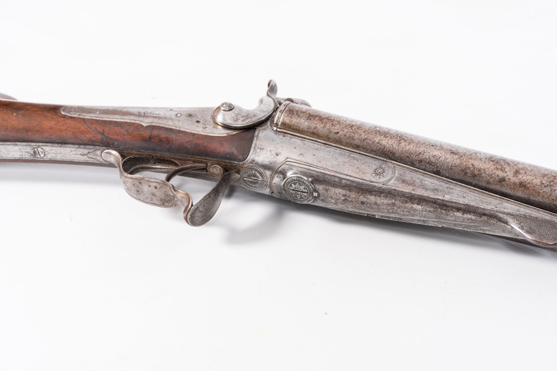 A French double barrel pinfire shotgun with a damask barrel, marked Pondevaux - St. Etienne, 19th C. - Image 4 of 6