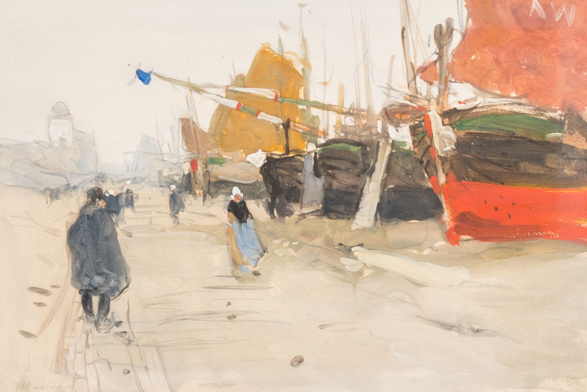 Henri Cassiers (1858-1914): 'Le Zoute' and A view on a quay, mixed media on paper, one dated (18)84 - Image 3 of 7