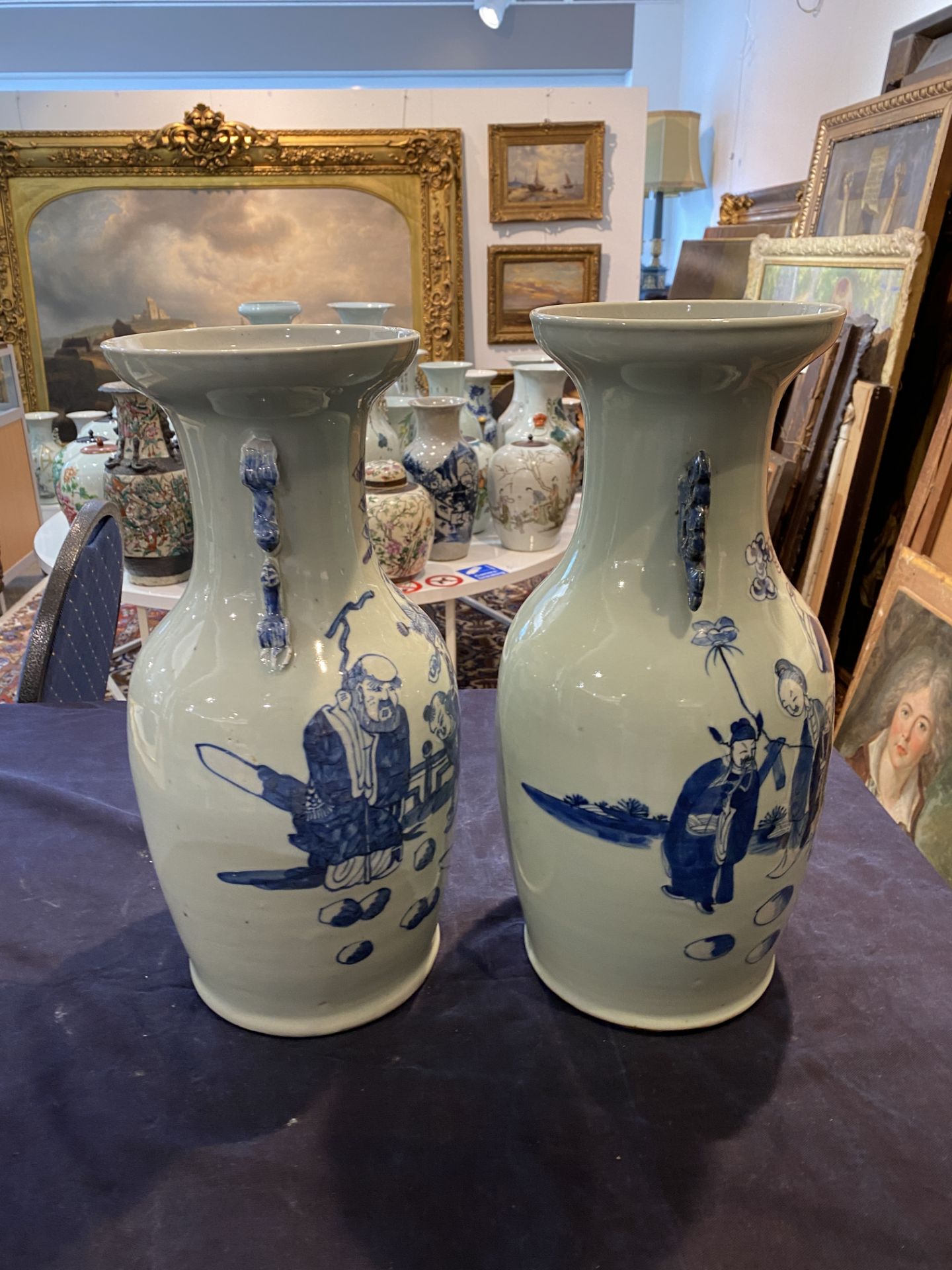 Three Chinese blue and white celadon ground vases with Immortals and their servants in a landscape, - Image 20 of 24