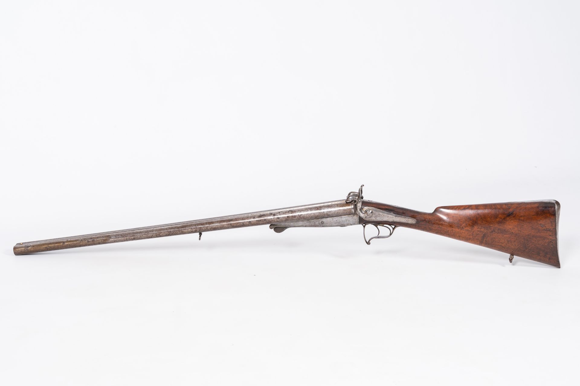 A French double barrel pinfire shotgun with a damask barrel, marked Pondevaux - St. Etienne, 19th C.