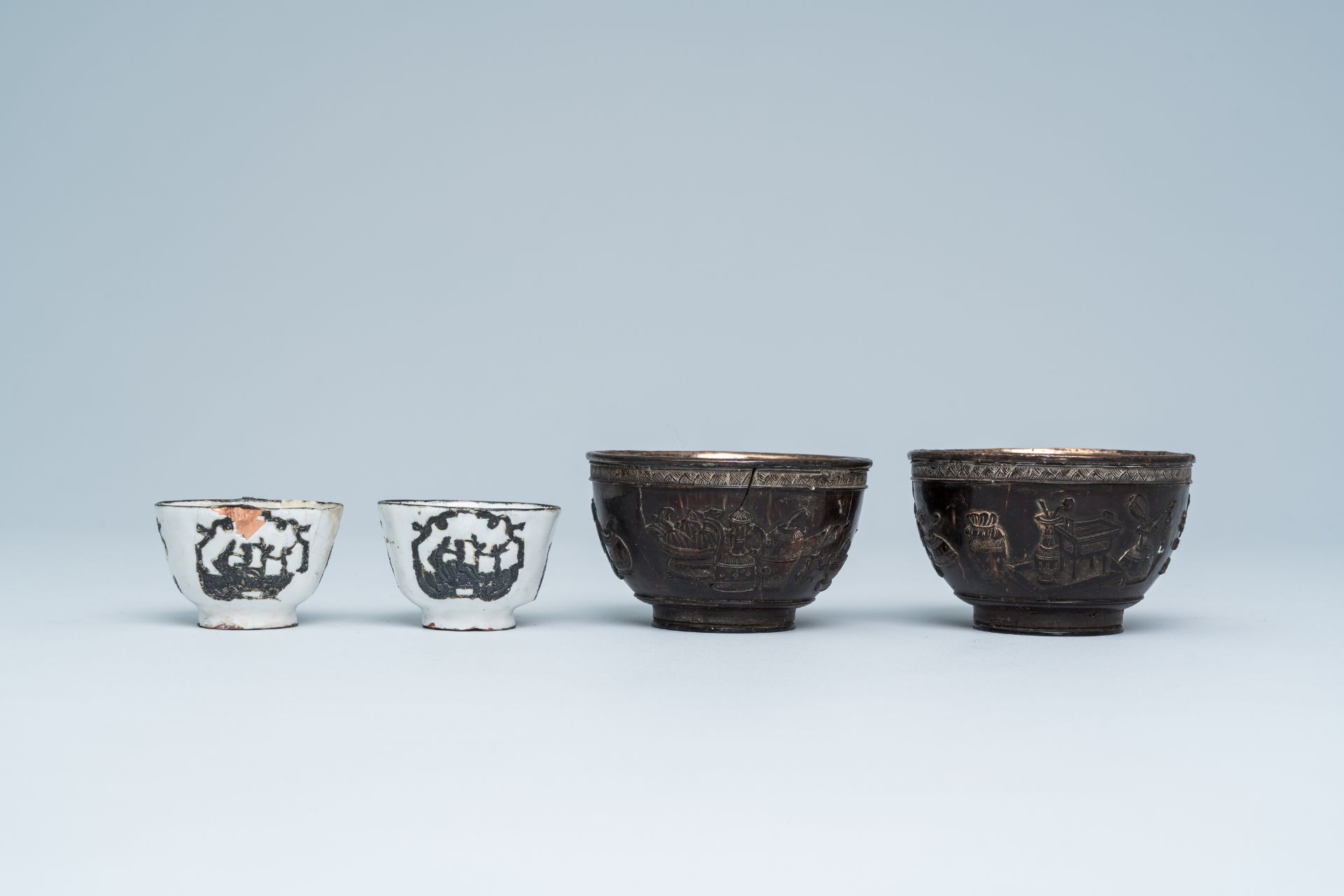 Two Chinese enamel cups and two coconut cups with silvered insets, 19th C. - Bild 3 aus 7