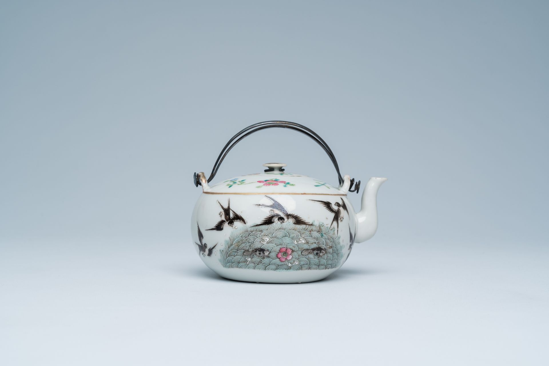 A Chinese famille rose teapot and cover with swallows and butterflies among blossoming branches, 19t - Image 5 of 21
