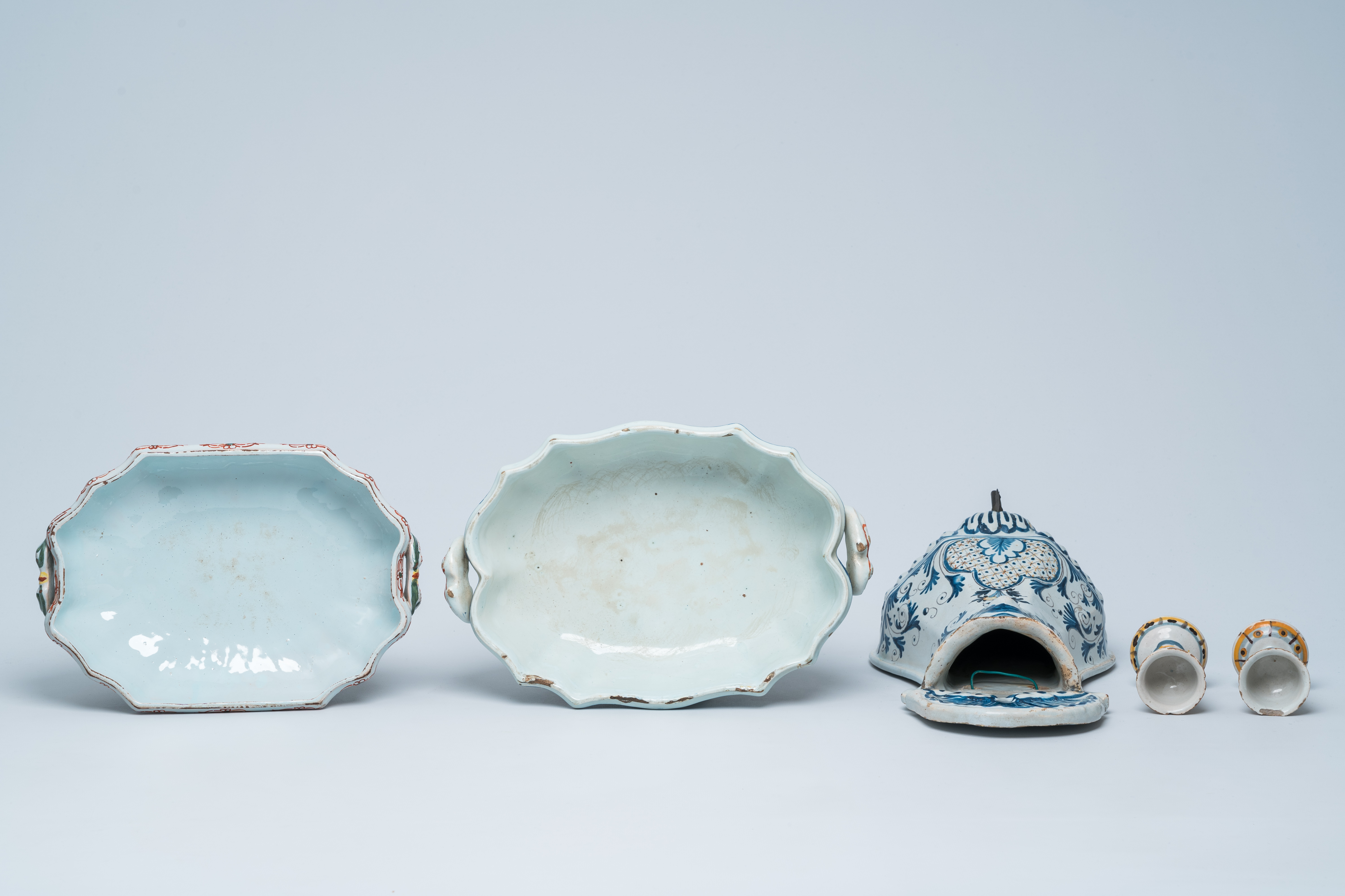 Two polychrome French Rouen faience tureens and covers, a pair of egg cups and a wall fountain, 18th - Image 6 of 9