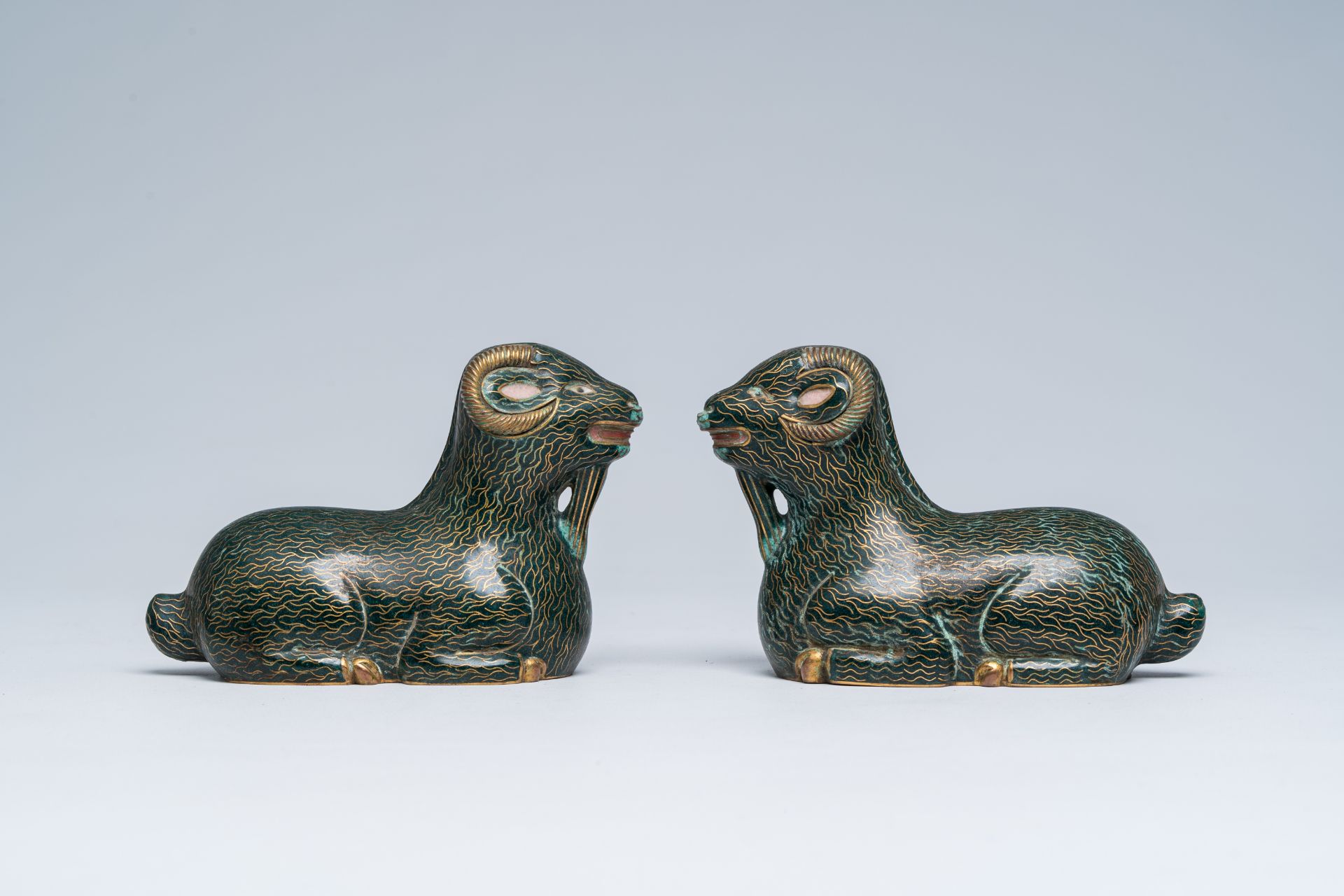 A pair of Chinese cloisonne models of rams, 20th C. - Image 2 of 8