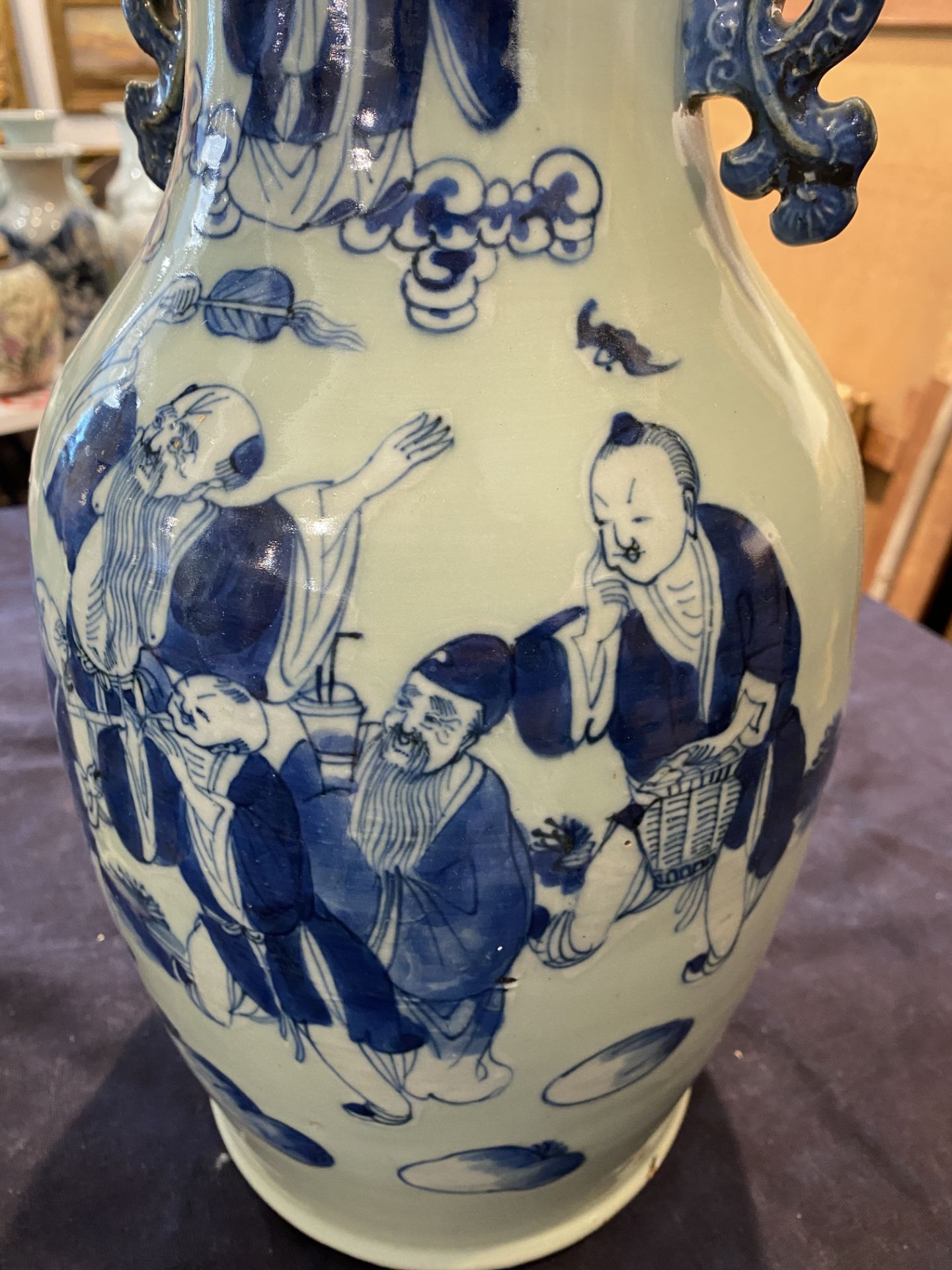 Three Chinese blue and white celadon ground vases with Immortals and their servants in a landscape, - Image 24 of 24