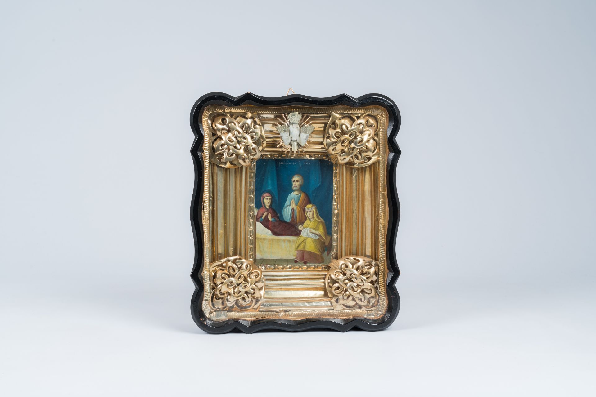 An orthodox 'The visit of the Holy Family to Anna' icon with impressive gilt brass kiot, 19th/20th C