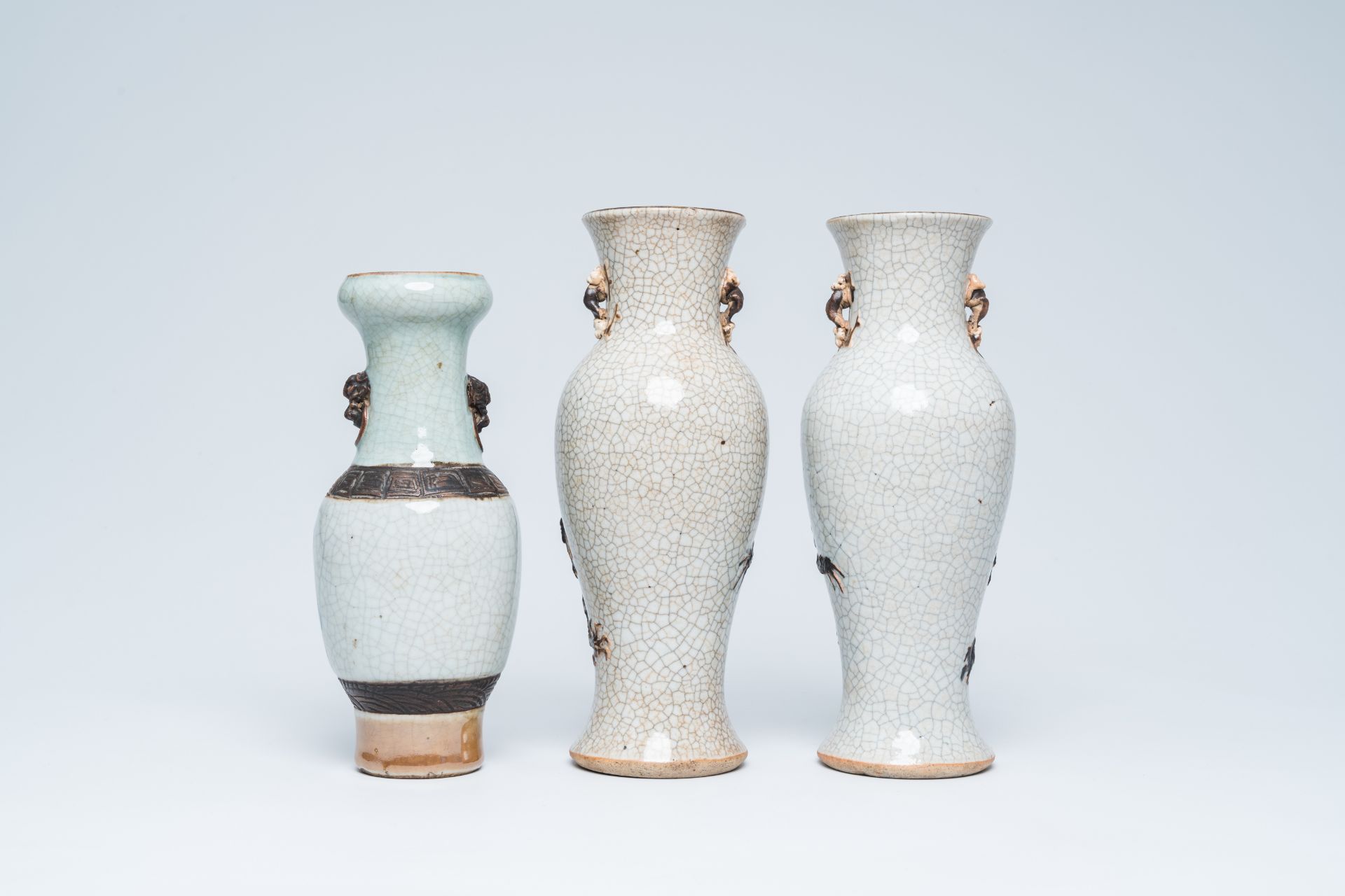 A pair of Chinese Nanking crackle glazed relief decorated 'dragon' vases and a blue and white 'Buddh - Image 4 of 16