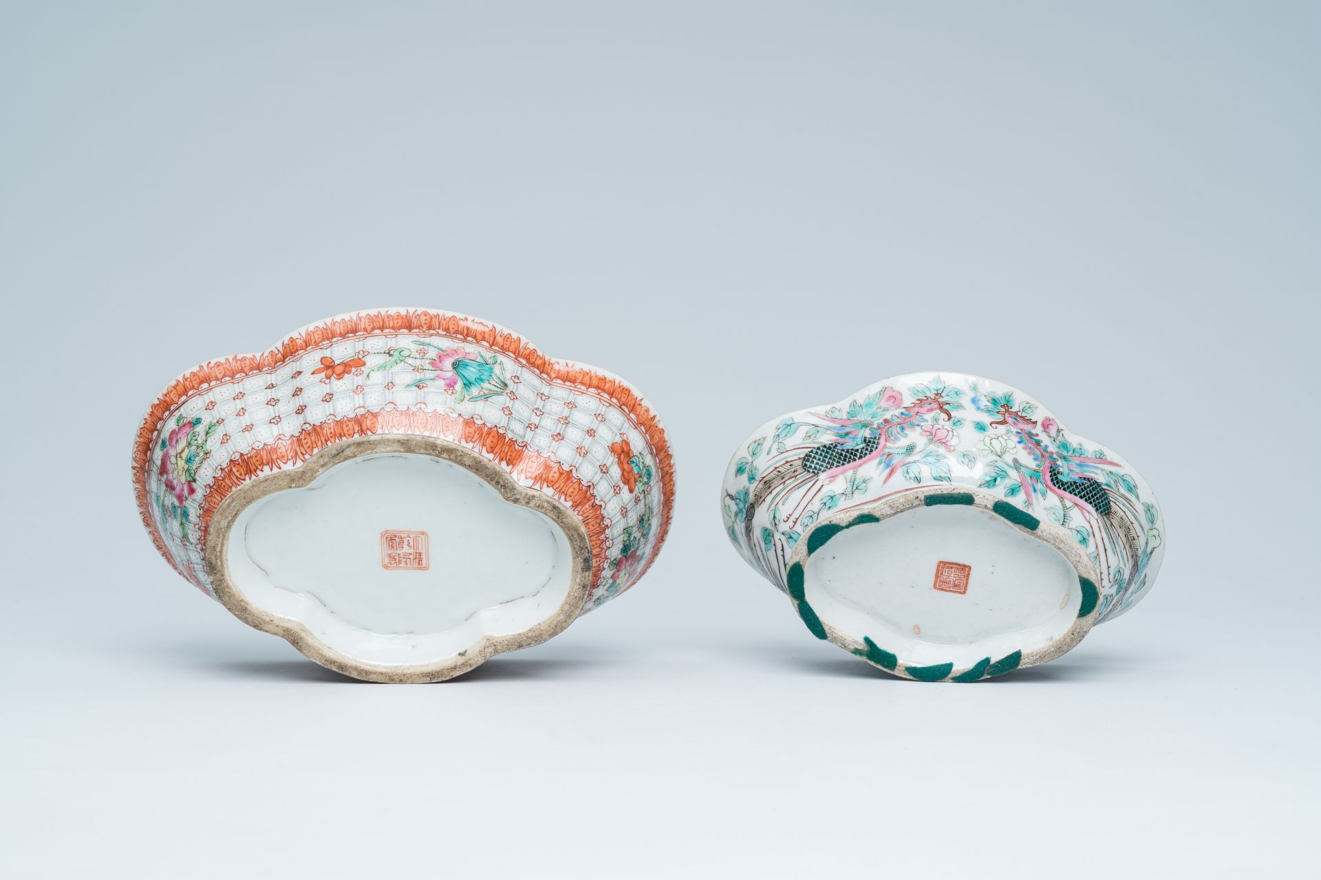 Two lobed Chinese famille rose bowls with phoenixes among blossoming branches and floral design, 19t - Image 7 of 16