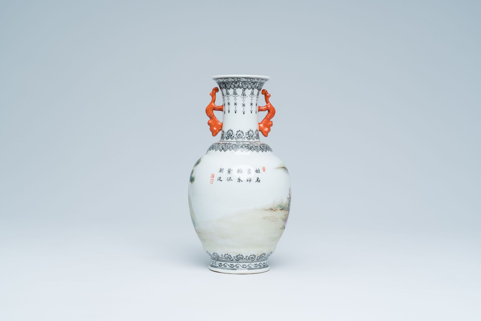 A Chinese famille rose vase with sages in a garden, Qianlong mark, 20th C. - Image 3 of 16