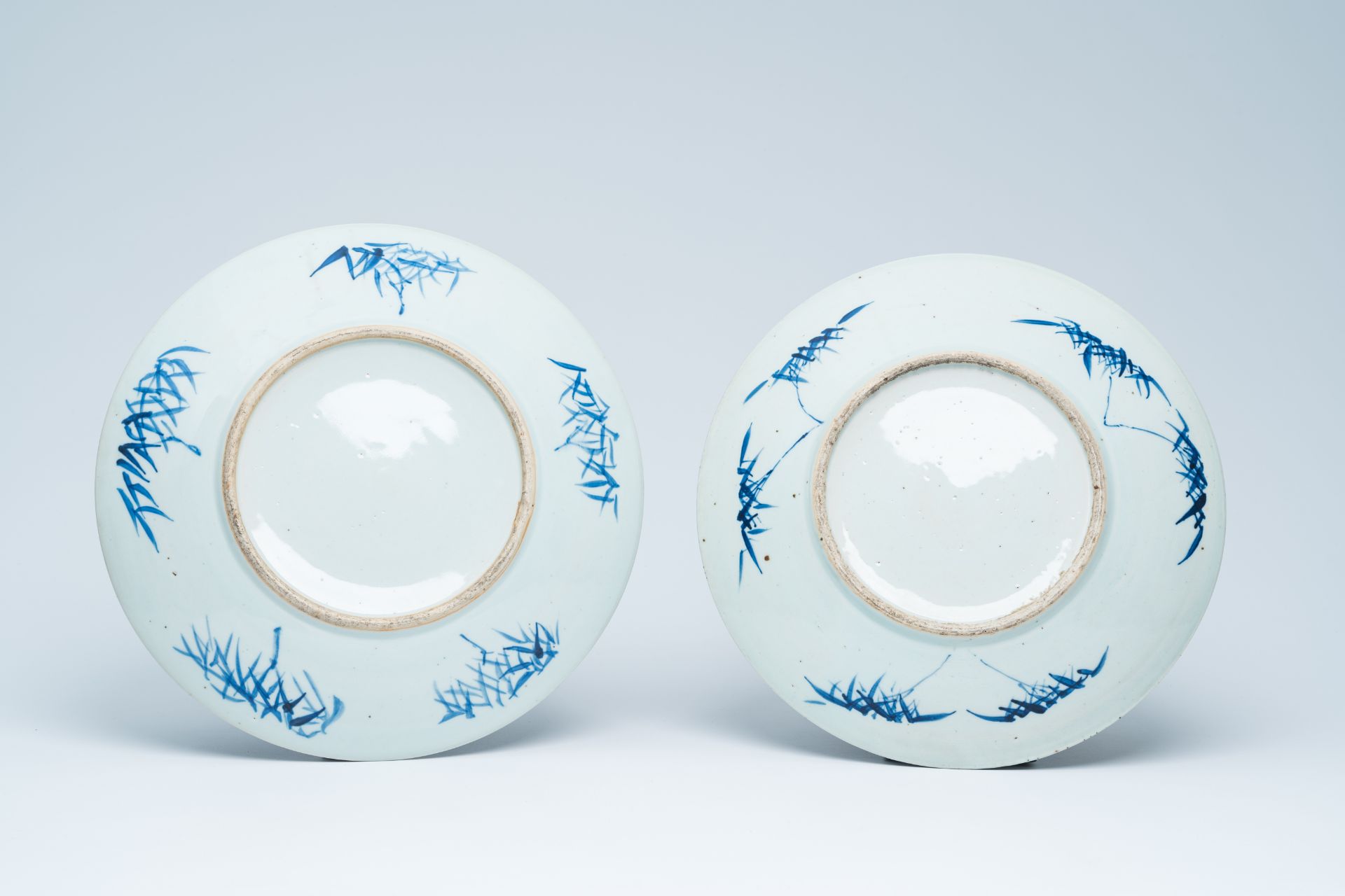 Four Chinese blue and white chargers with figures and birds among blossoming branches, 19th C. - Image 4 of 17