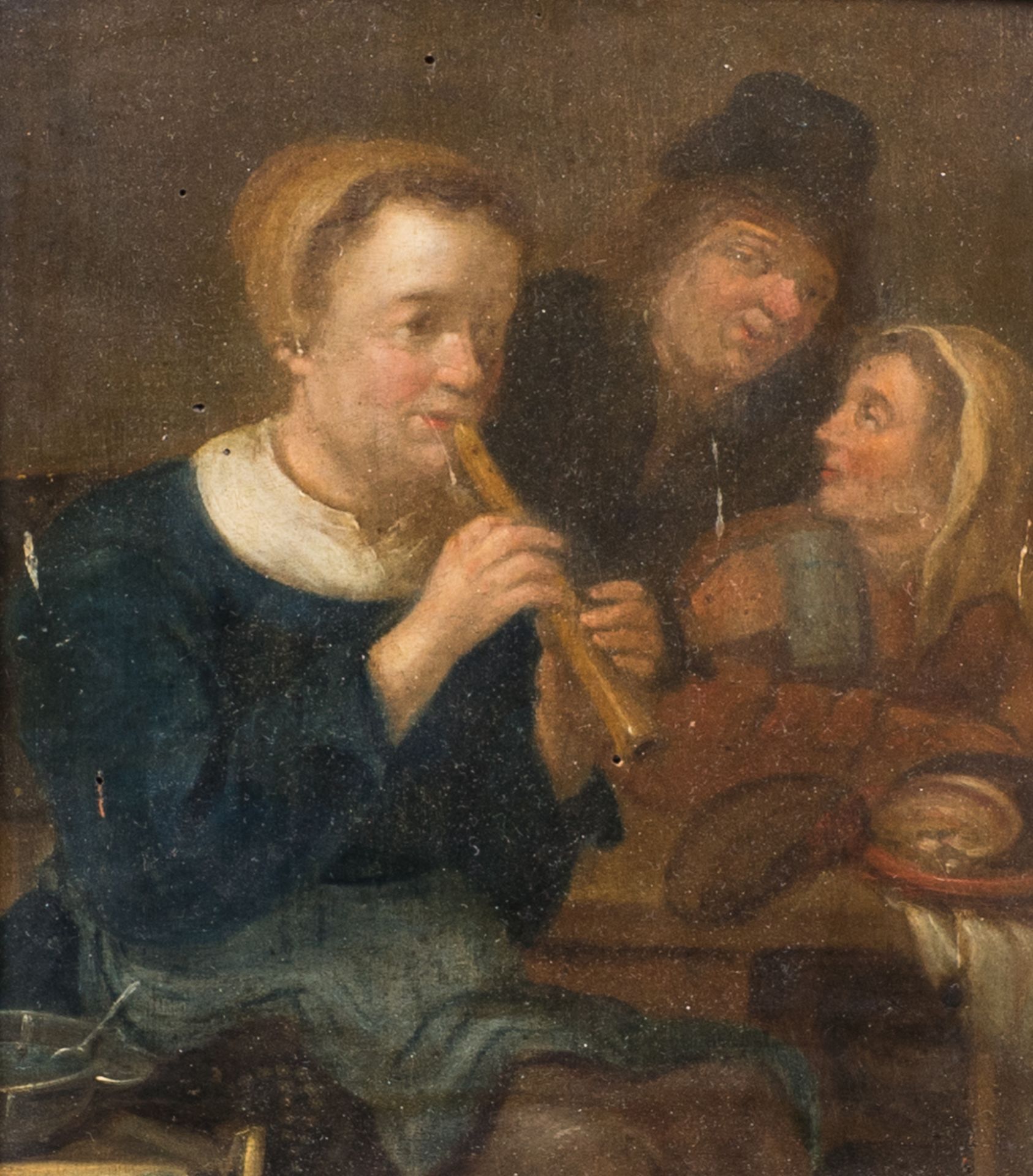 Flemish school: Peasants making merry in an inn, oil on panel, 18th C.