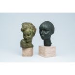 Victor Demanet (1895-1964): Boy's head and Illegibly signed: Girl's head, green patinated bronze on