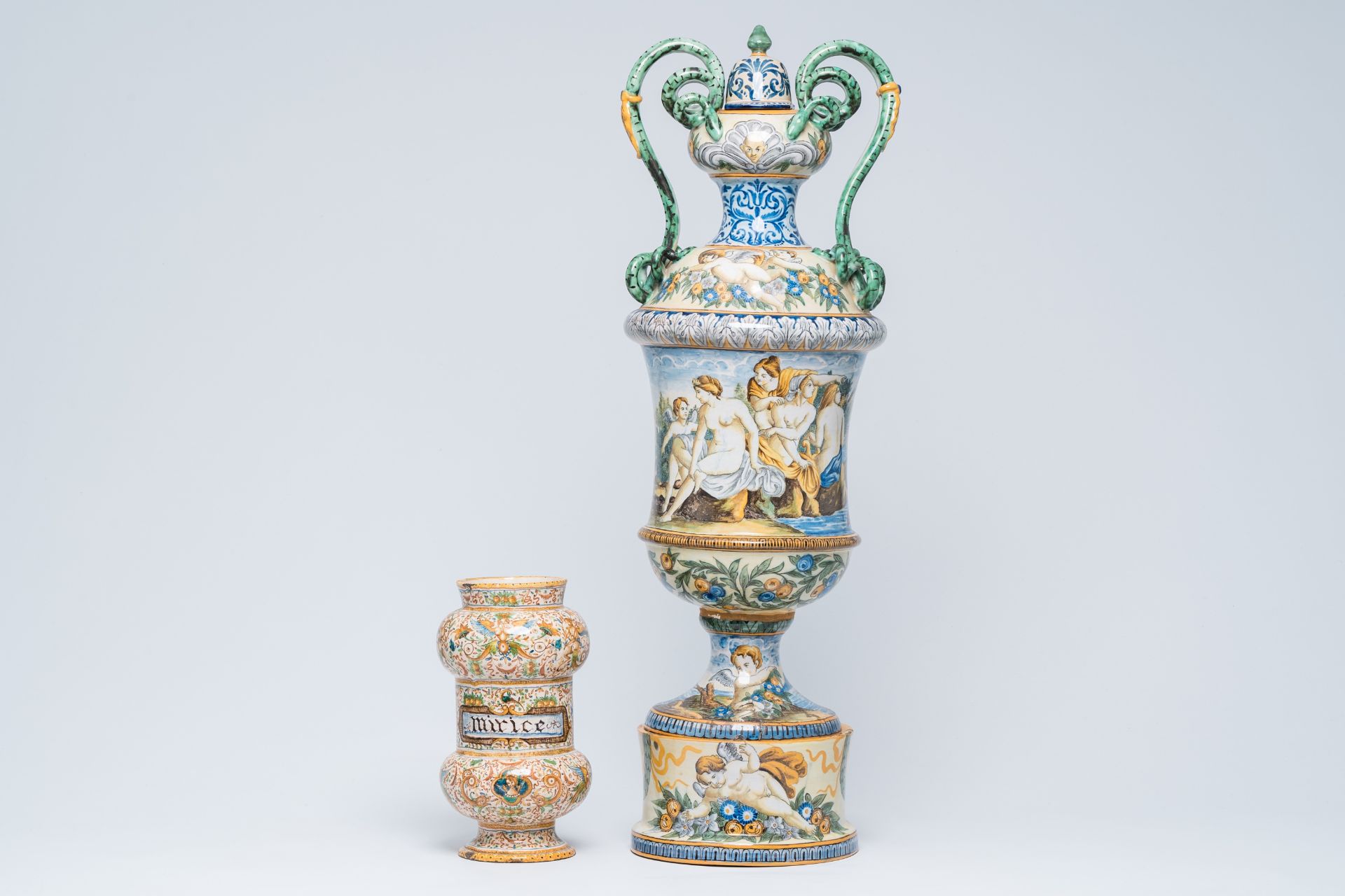 A large Italian maiolica vase and an albarello, 19th C.
