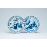 Two Chinese blue and white plates with figures in a landscape, 19th C.