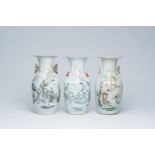 Three Chinese famille rose and qianjiang cai vases with ladies on a terrace, 19th/20th C.