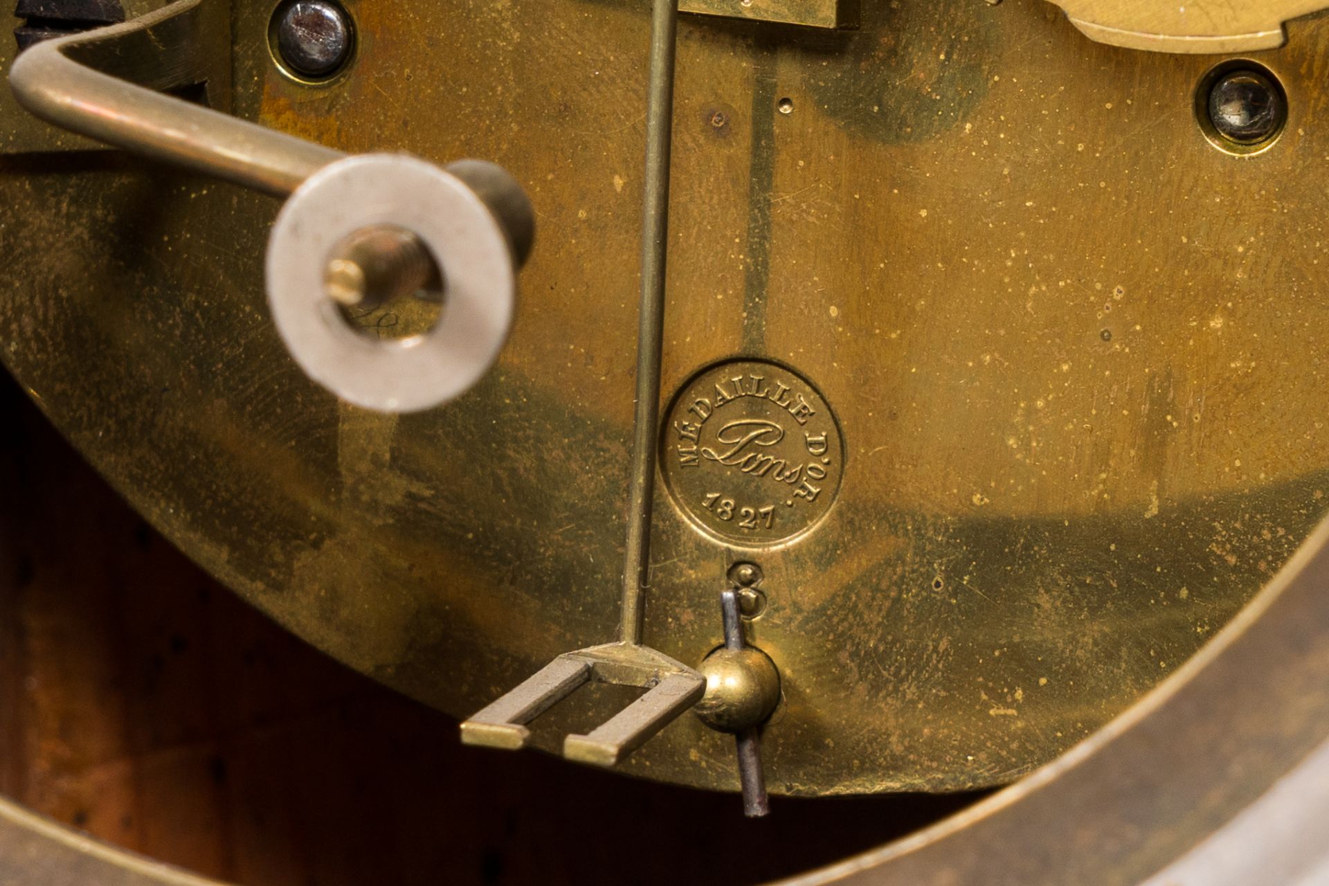 A French patinated and gilt bronze mounted vert de mer marble mantel clock crowned with Saint Cecili - Image 6 of 10