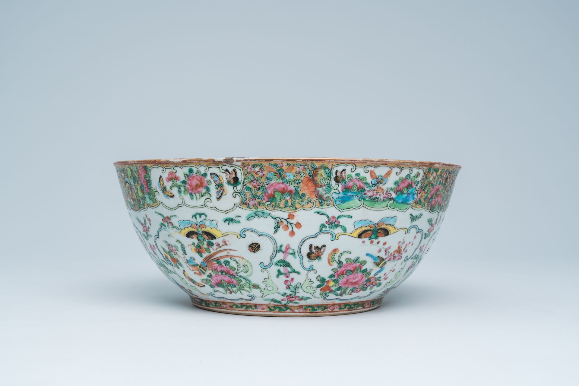 A Chinese Canton famille rose Islamic market bowl with birds and butterflies among blossoming branch - Image 5 of 18