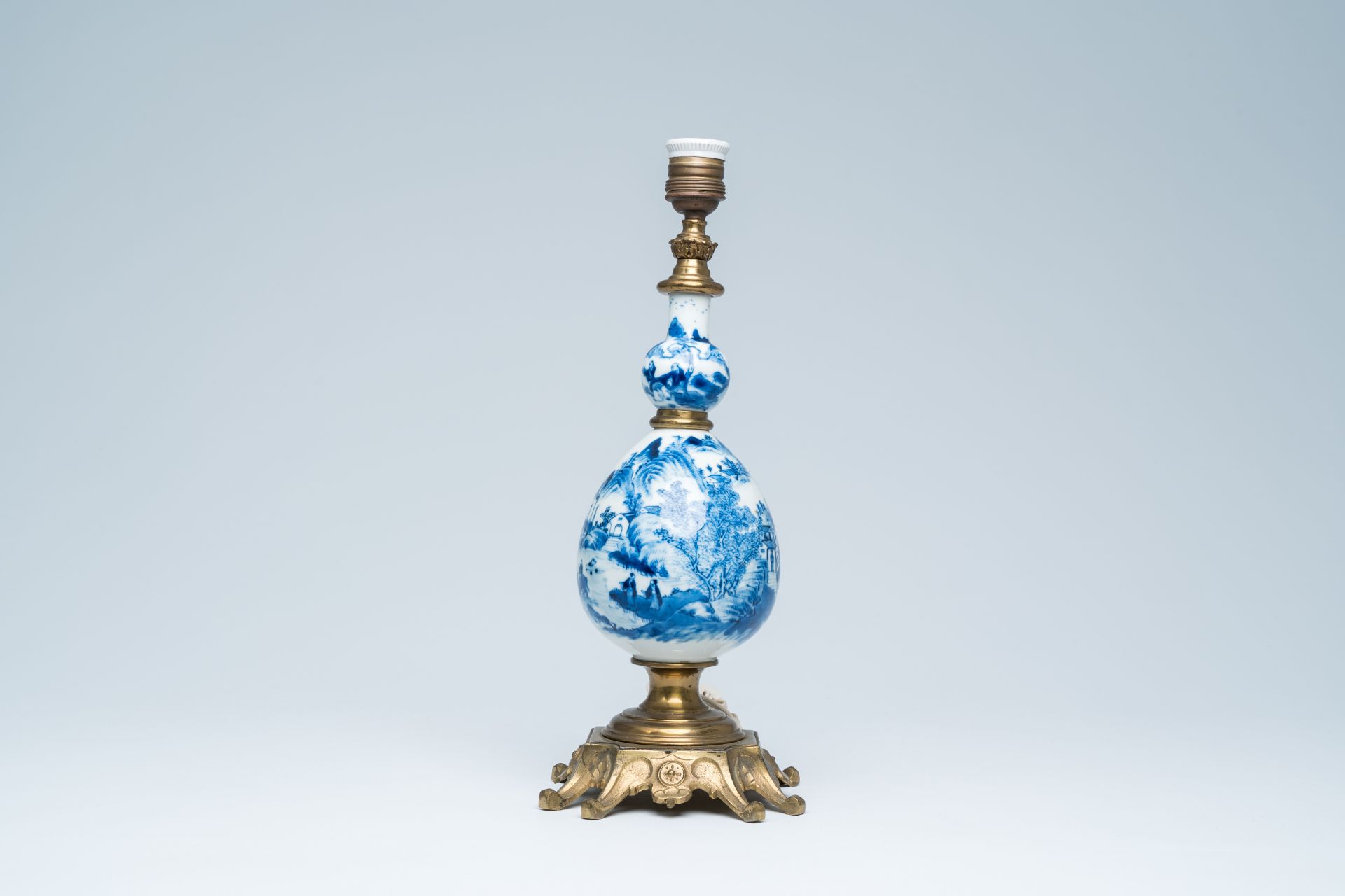 A Chinese blue and white bottle shaped vase with an animated river landscape mounted as a lamp, 19th - Image 4 of 13