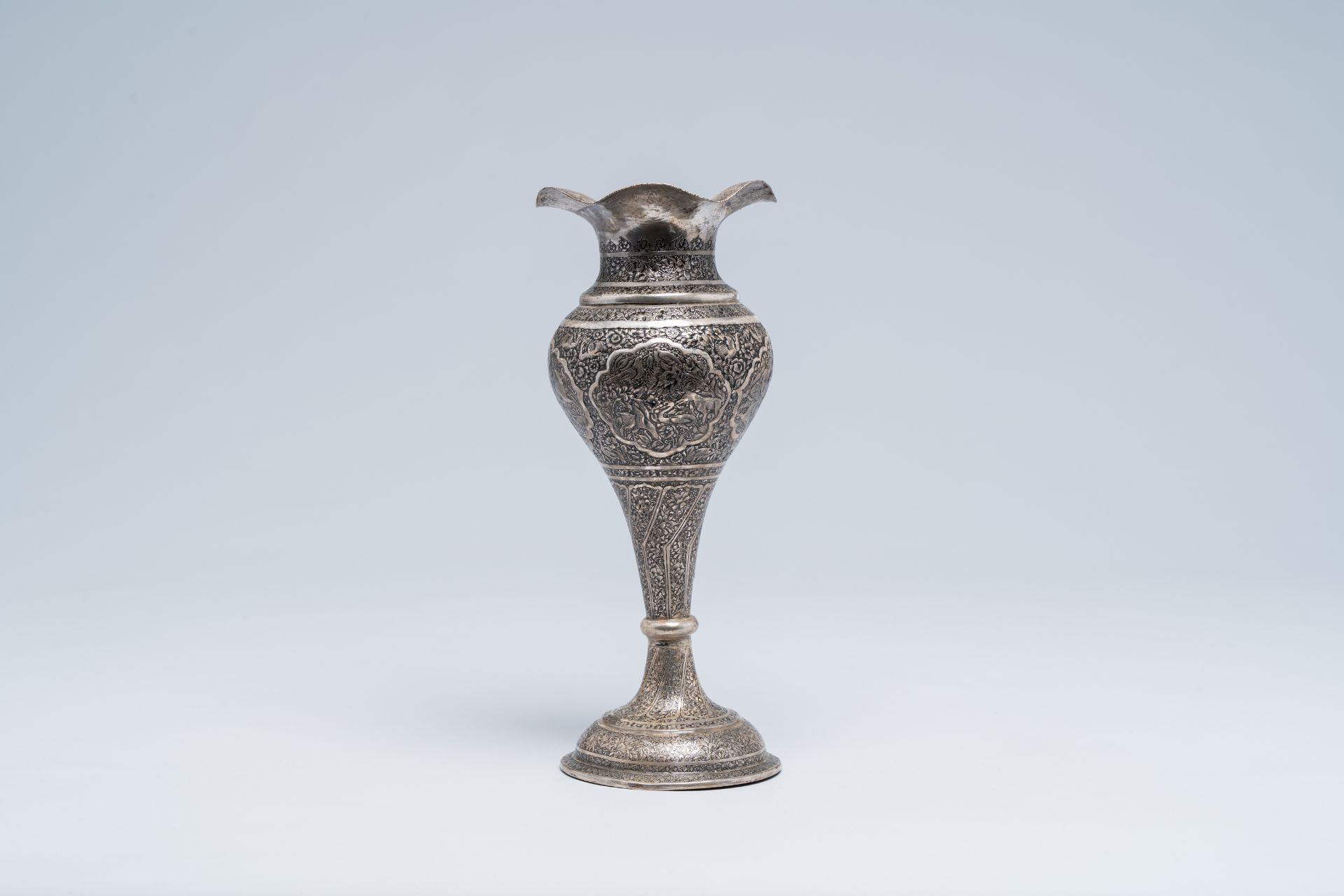 A Persian silver Shiraz vase with animated medallions, floral design and a dedication, Iran, first h - Image 4 of 8