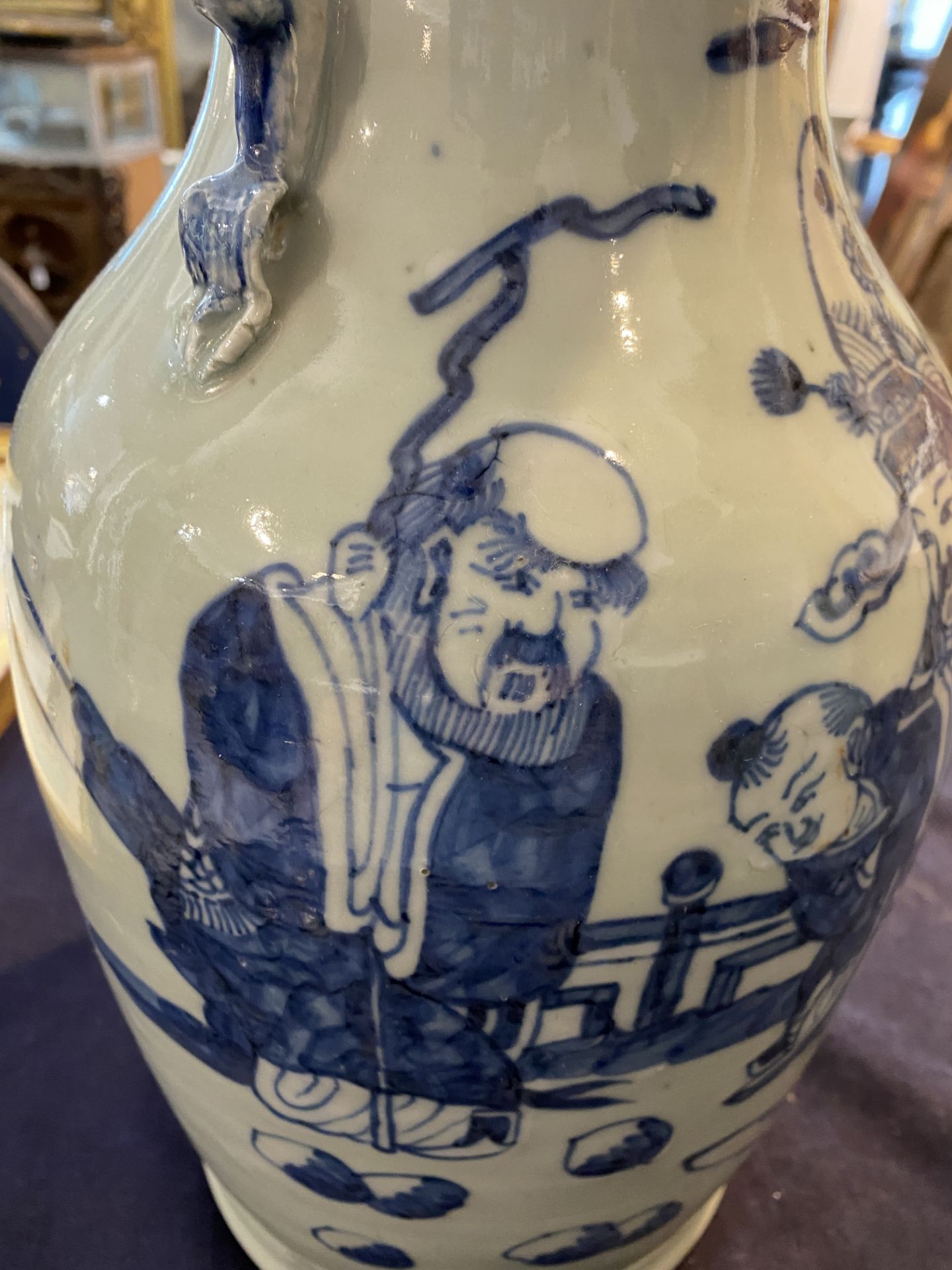 Three Chinese blue and white celadon ground vases with Immortals and their servants in a landscape, - Image 23 of 24