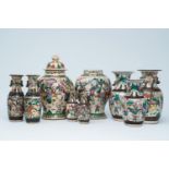 A varied collection of nine Chinese Nanking crackle glazed famille rose 'warrior' vases, 19th/20th C