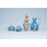 A polychrome Dutch Delft vase and cover, two blue and white sugar jars and a jug, 18th/19th C.