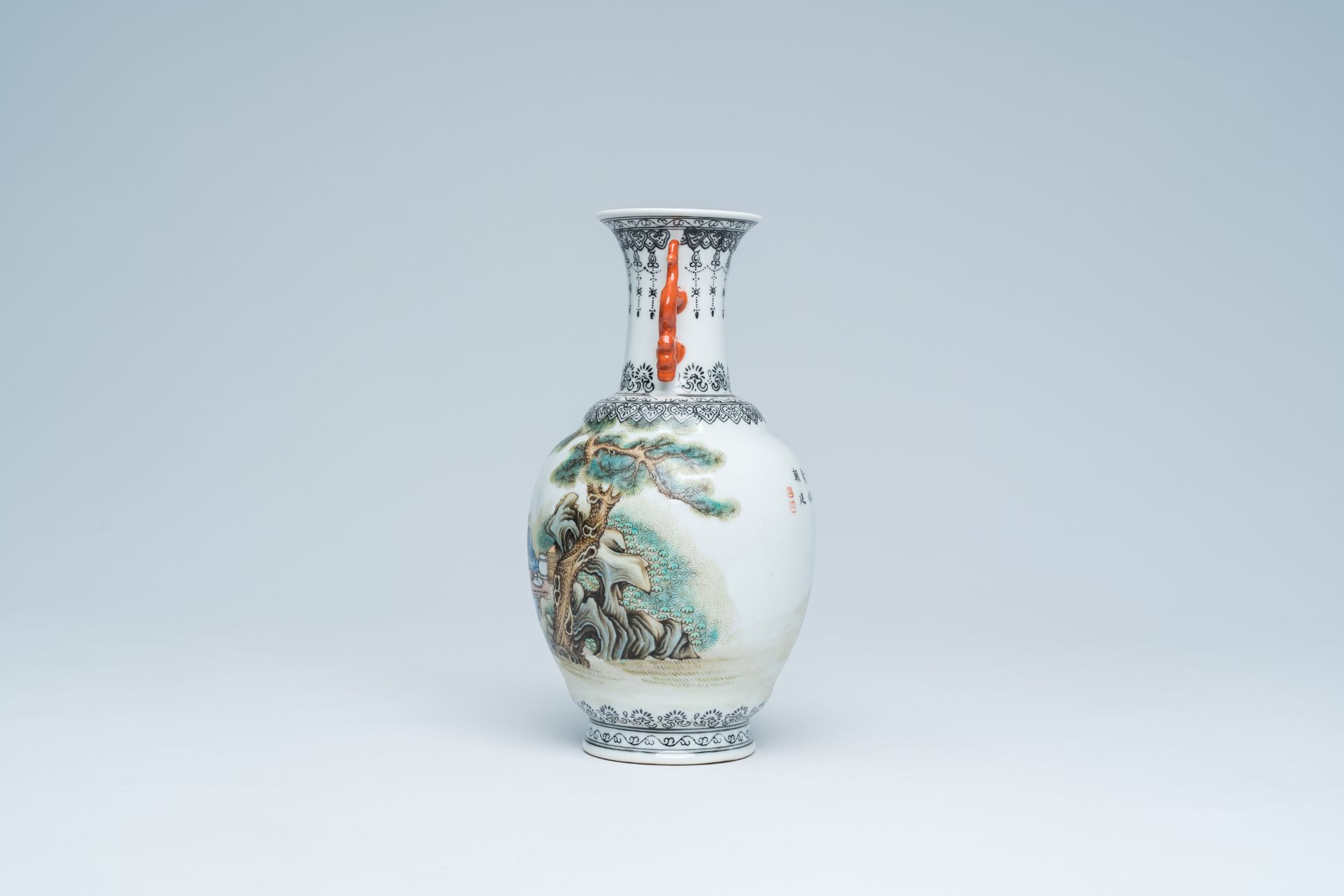 A Chinese famille rose vase with sages in a garden, Qianlong mark, 20th C. - Image 2 of 16