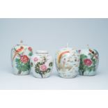 Four Chinese qianjiang cai and famille rose jars and covers with birds among blossoming branches, a