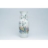 A Chinese qianjiang cai double design vase with an animated mountain landscape and Immortals in a ga