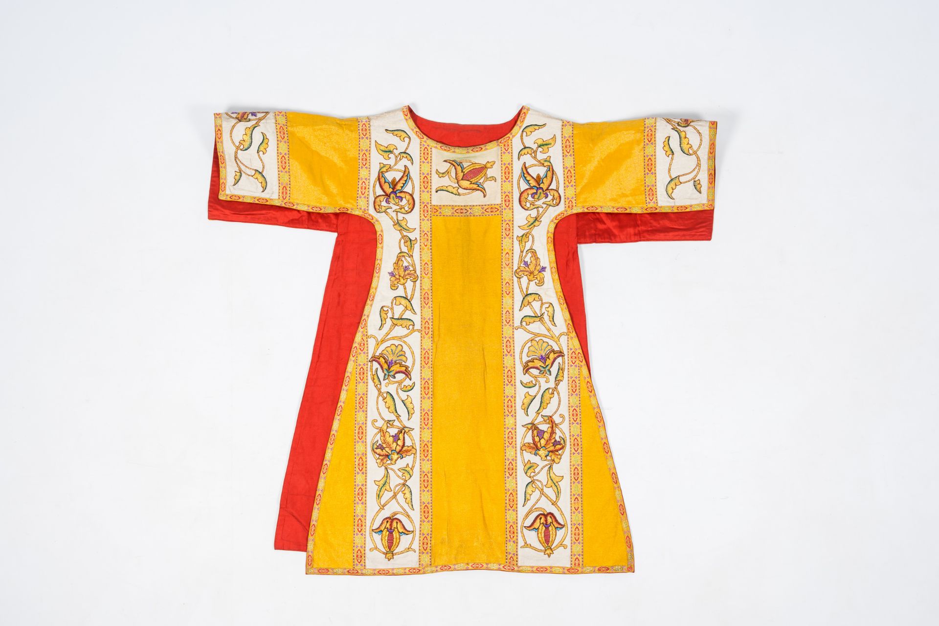 A Gothic Revival gold and silver thread dalmatic with embroidered floral design, 20th C.
