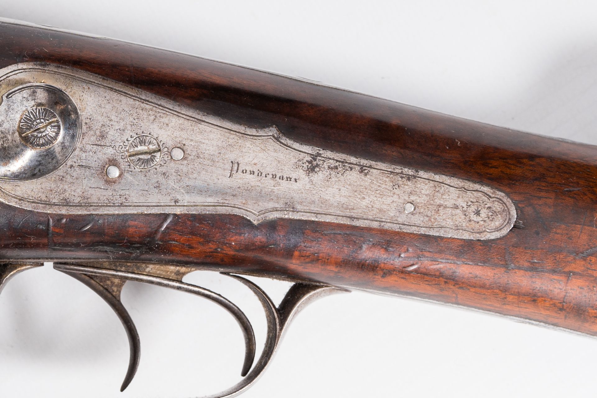 A French double barrel pinfire shotgun with a damask barrel, marked Pondevaux - St. Etienne, 19th C. - Image 6 of 6