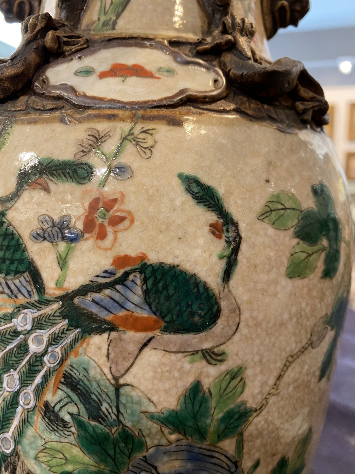 Three Chinese Nanking crackle glazed famille verte vases with birds among blossoming branches, 19th - Image 15 of 15