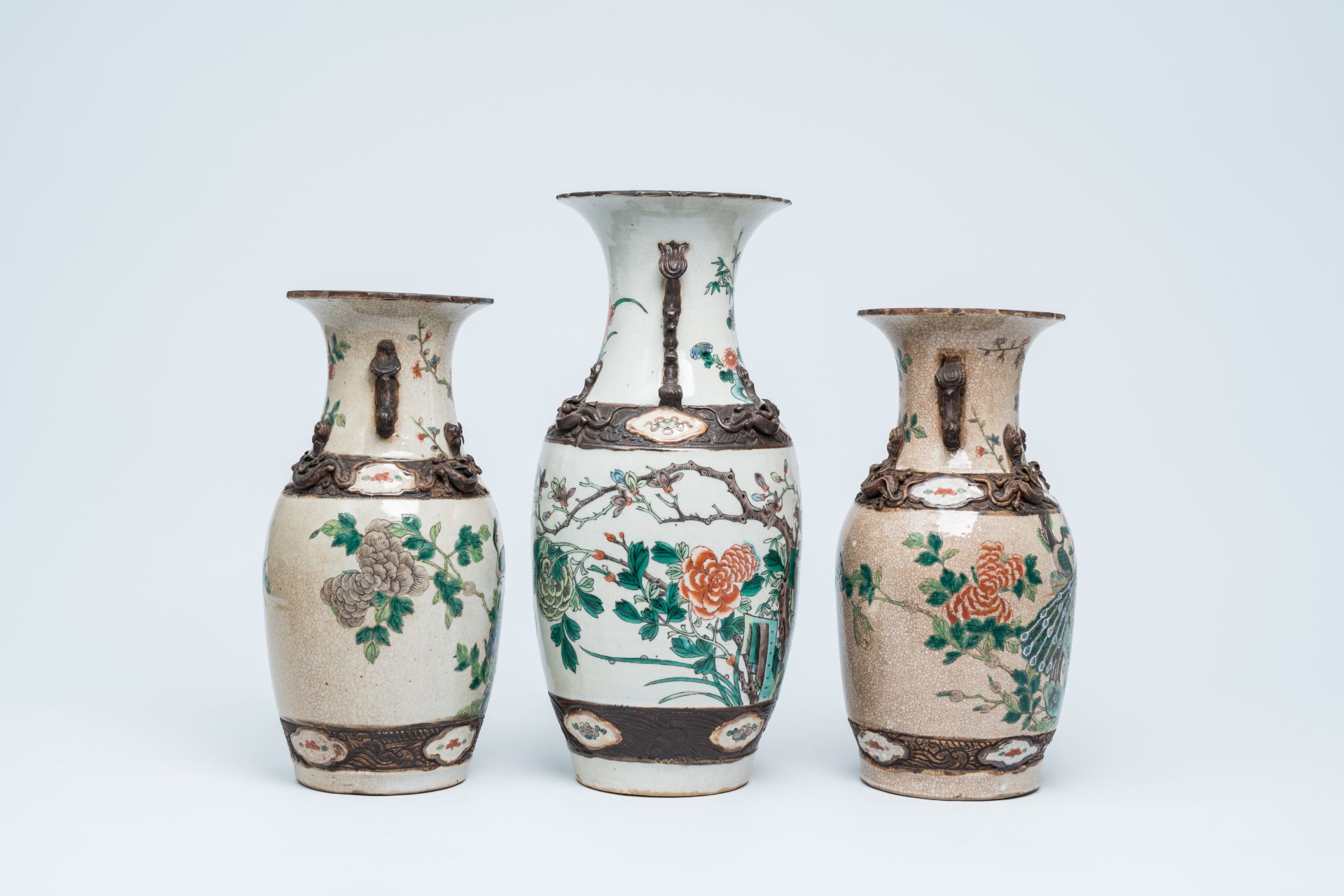 Three Chinese Nanking crackle glazed famille verte vases with birds among blossoming branches, 19th - Image 4 of 15