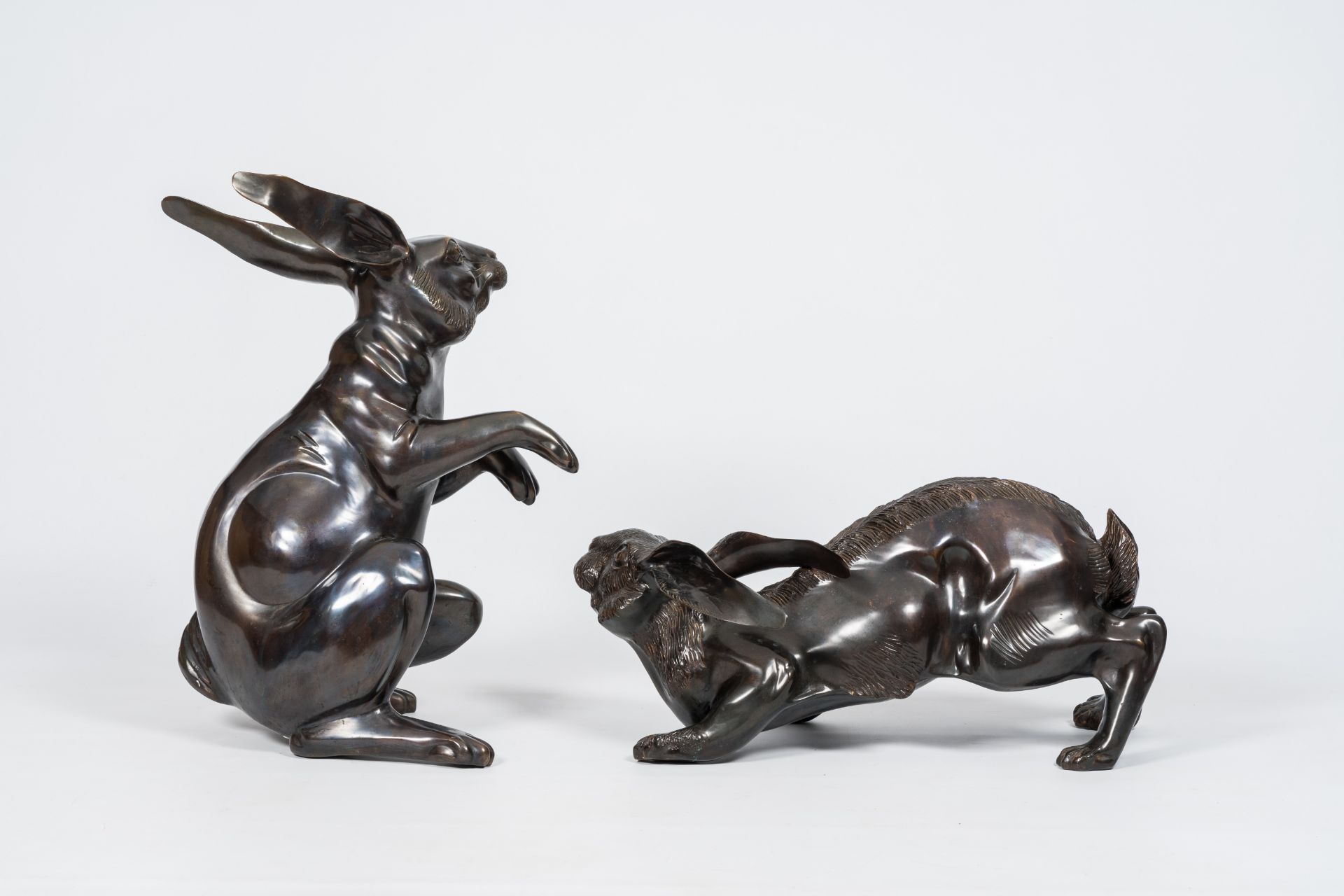 Two large Japanese patinated bronze okimono of a rabbit or usagi, 20th C. - Image 5 of 7