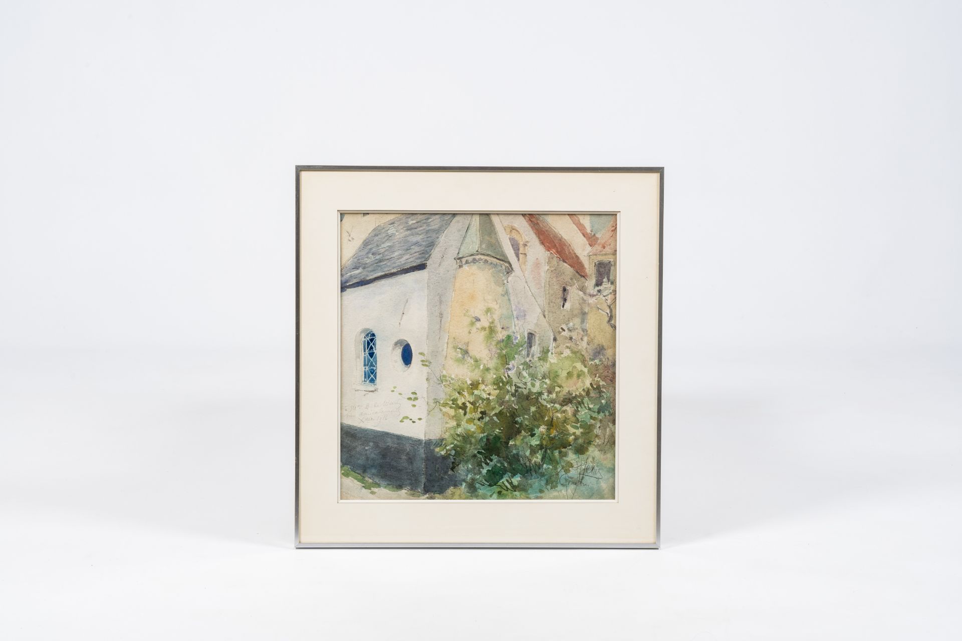 Armand Heins (1856-1938): View of a chapel, mixed media on paper, with dedication to Anna De Weert ( - Image 2 of 4
