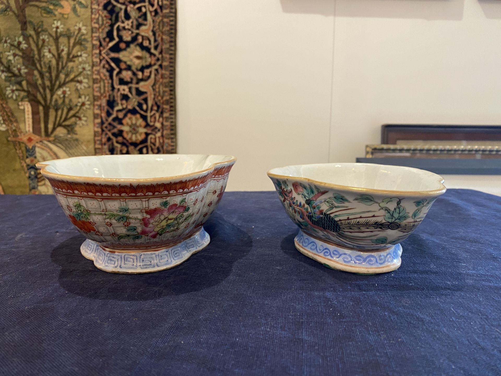 Two lobed Chinese famille rose bowls with phoenixes among blossoming branches and floral design, 19t - Image 12 of 16