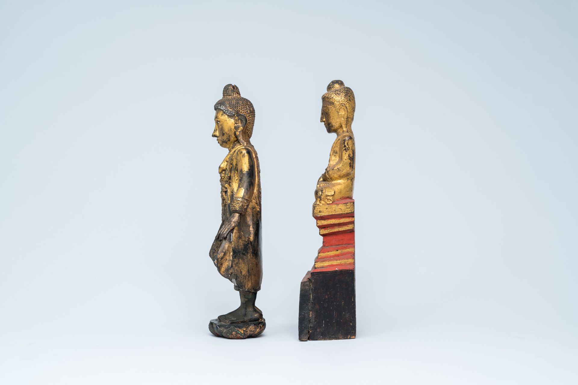 Three partly inlaid gilt wood figures of Buddha, Burma or Thailand, 19th/20th C. - Bild 6 aus 8