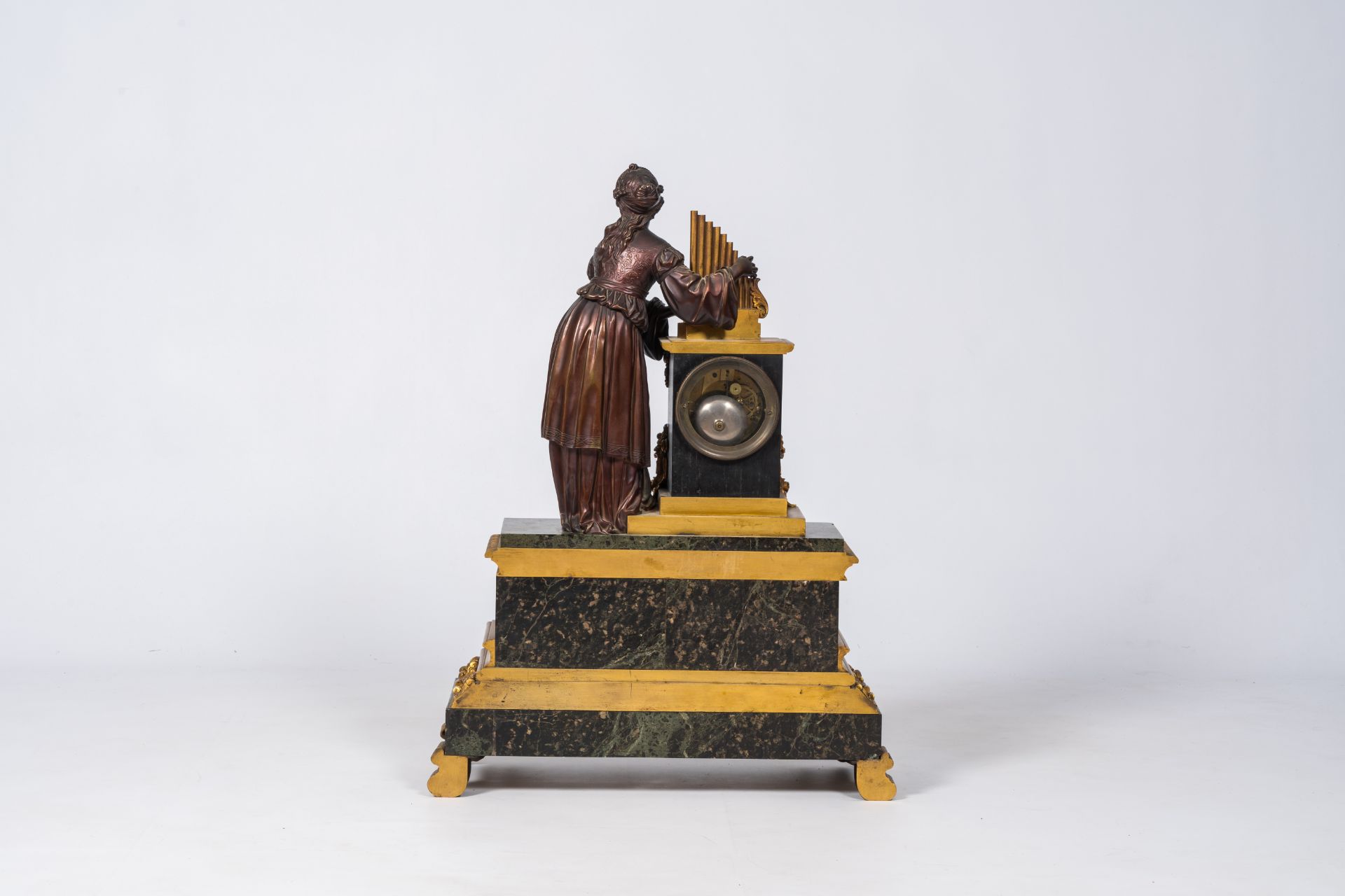 A French patinated and gilt bronze mounted vert de mer marble mantel clock crowned with Saint Cecili - Image 4 of 10