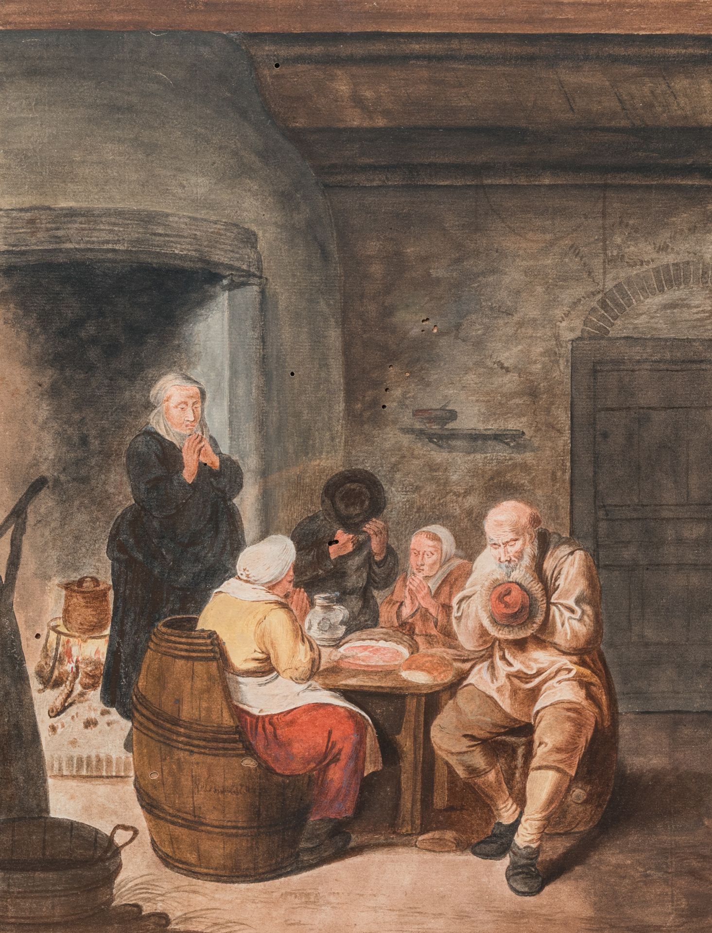 Illegibly signed: The prayer before the meal and the foot surgeon, watercolour on paper, 19th C. - Image 3 of 3