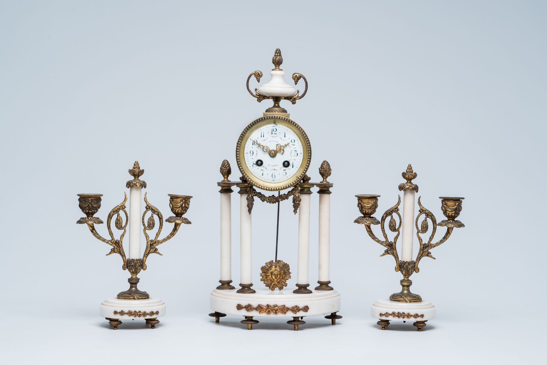 A Belgian Neoclassical gilt bronze mounted white alabaster three-piece clock garniture, Luppens Brus - Image 4 of 14