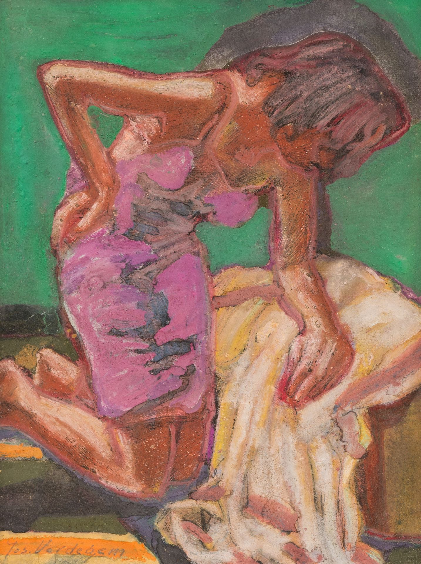 Joseph Verdegem (1897-1957): Kneeling woman with pink dress, gouache on paper