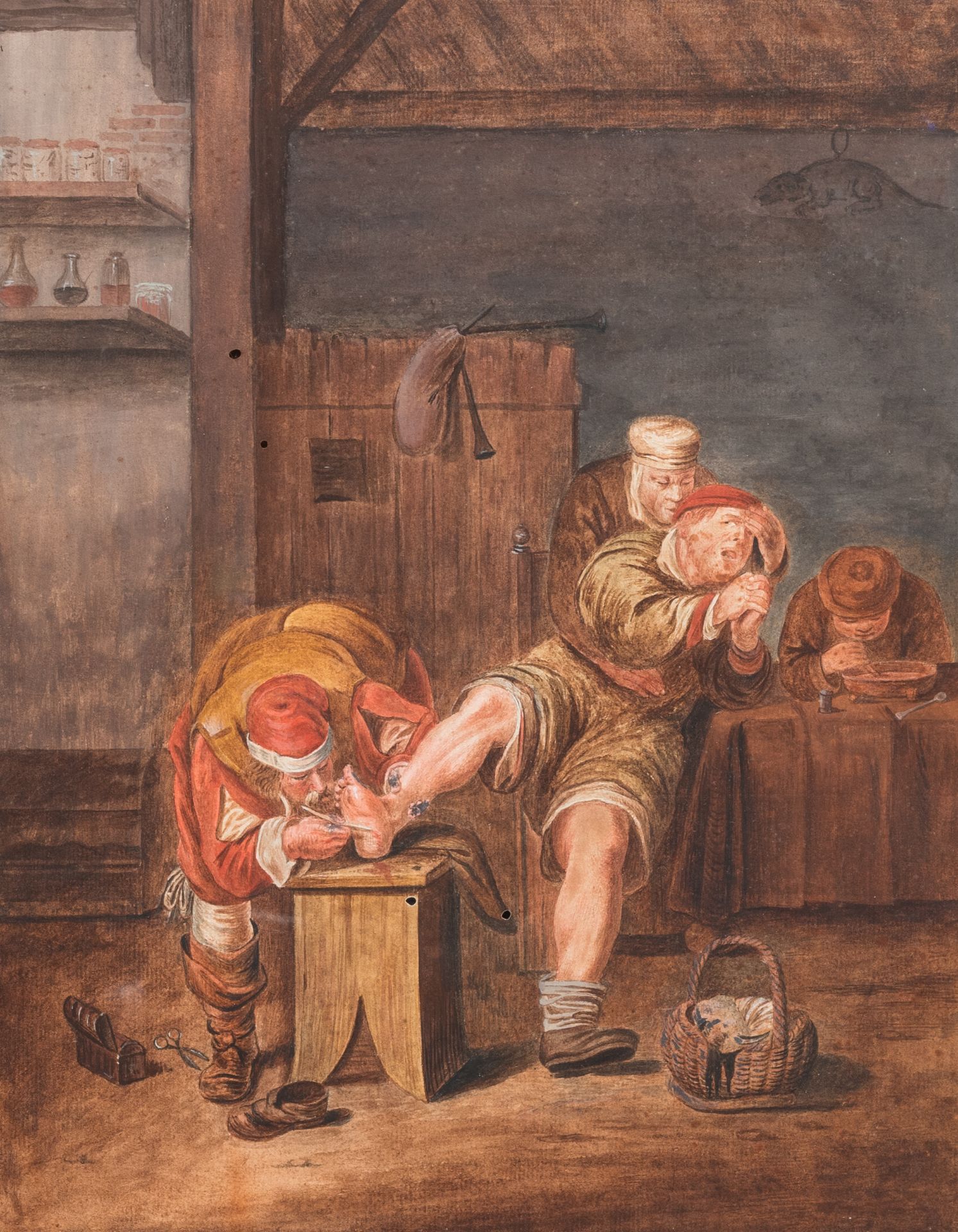 Illegibly signed: The prayer before the meal and the foot surgeon, watercolour on paper, 19th C. - Image 2 of 3