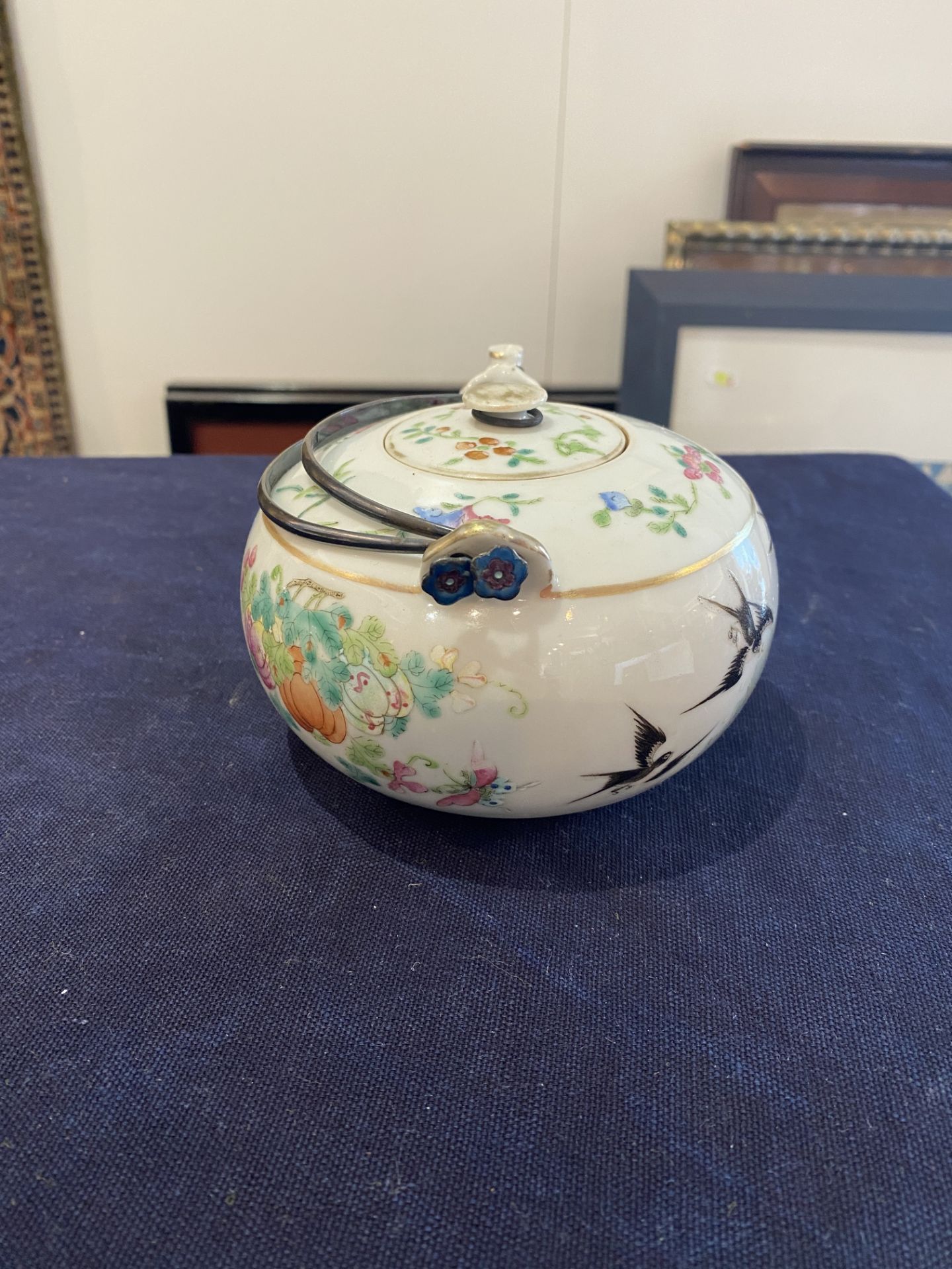 A Chinese famille rose teapot and cover with swallows and butterflies among blossoming branches, 19t - Image 13 of 21