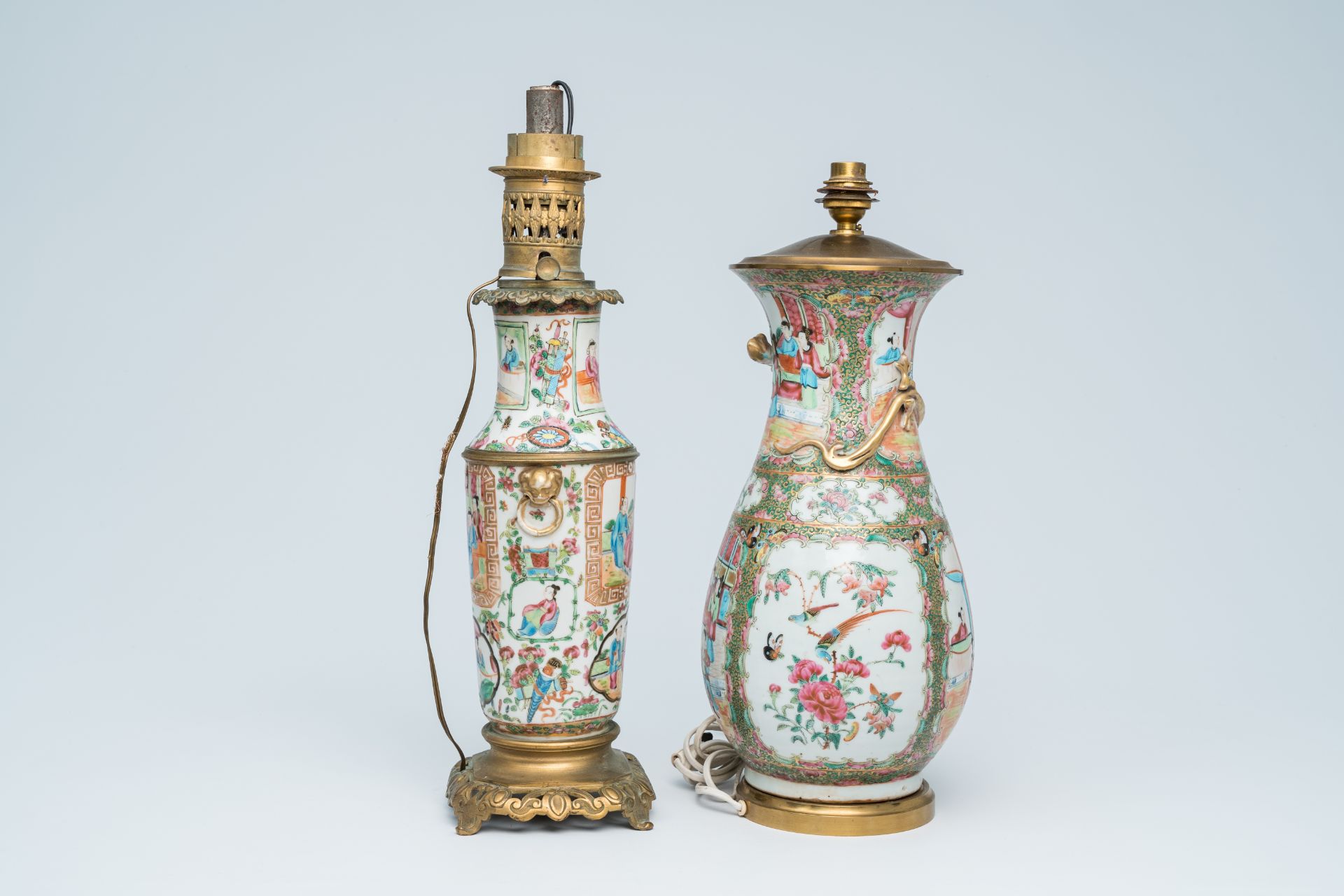 Two Chinese Canton famille rose vases with palace scenes and floral design mounted as lamps, 19th C. - Image 4 of 13
