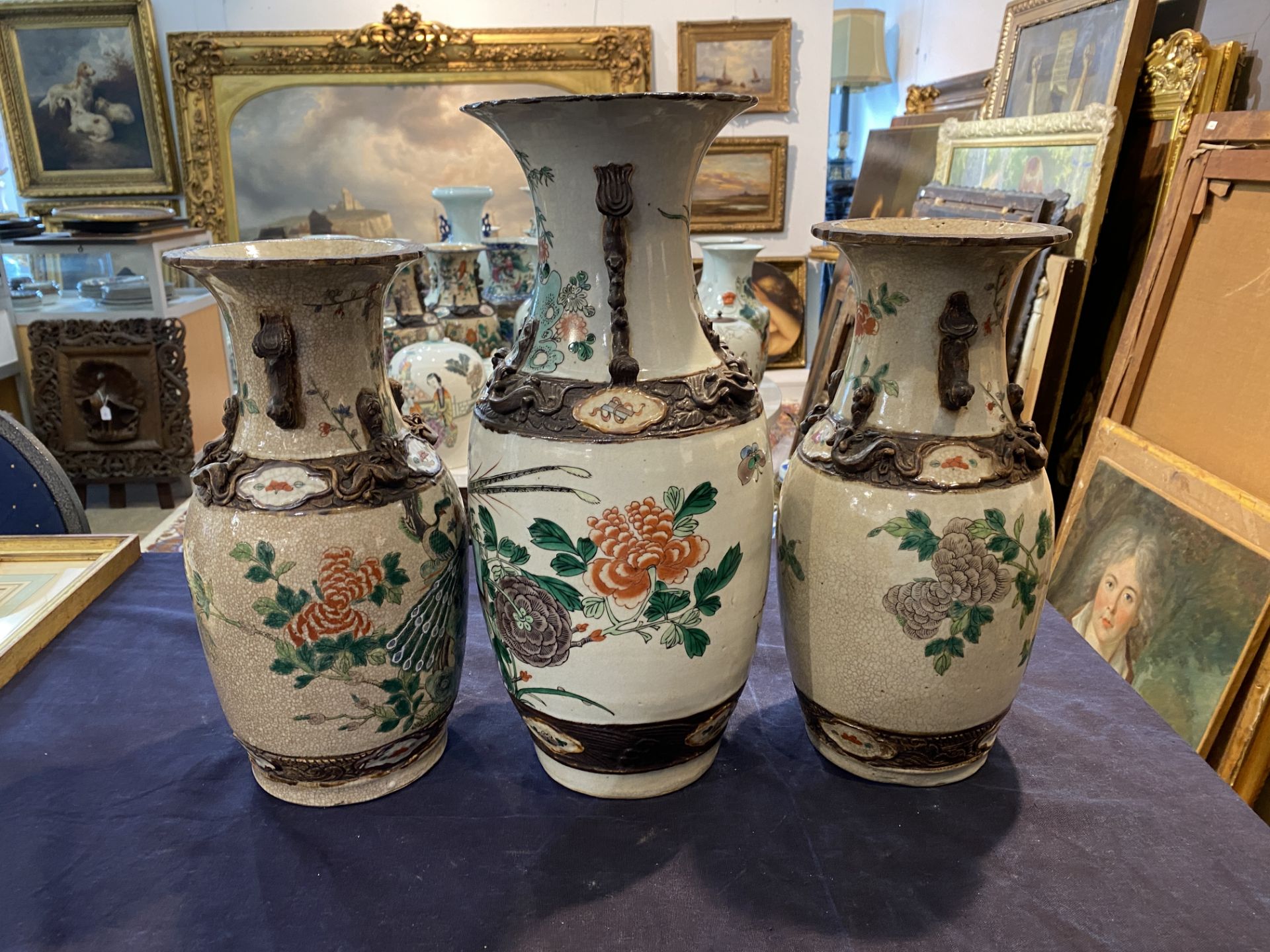 Three Chinese Nanking crackle glazed famille verte vases with birds among blossoming branches, 19th - Image 10 of 15